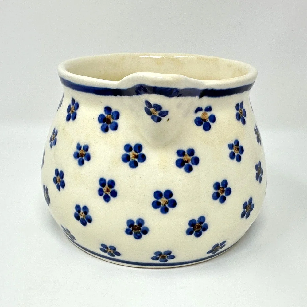 Vintage Heise Bunzlau Pitcher Squat Jug 1L/32oz Blue Daisy German Polish Pottery